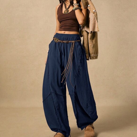 Blue Casual boho Women's Street Chic Minimalist Elastic Waist Side Pocket pants - Picture 1 of 9